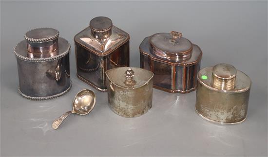 A George III silver tea caddy, of plain oval form, and Edwardian silver tea caddy, a silver caddy spoon and three plated tea caddies